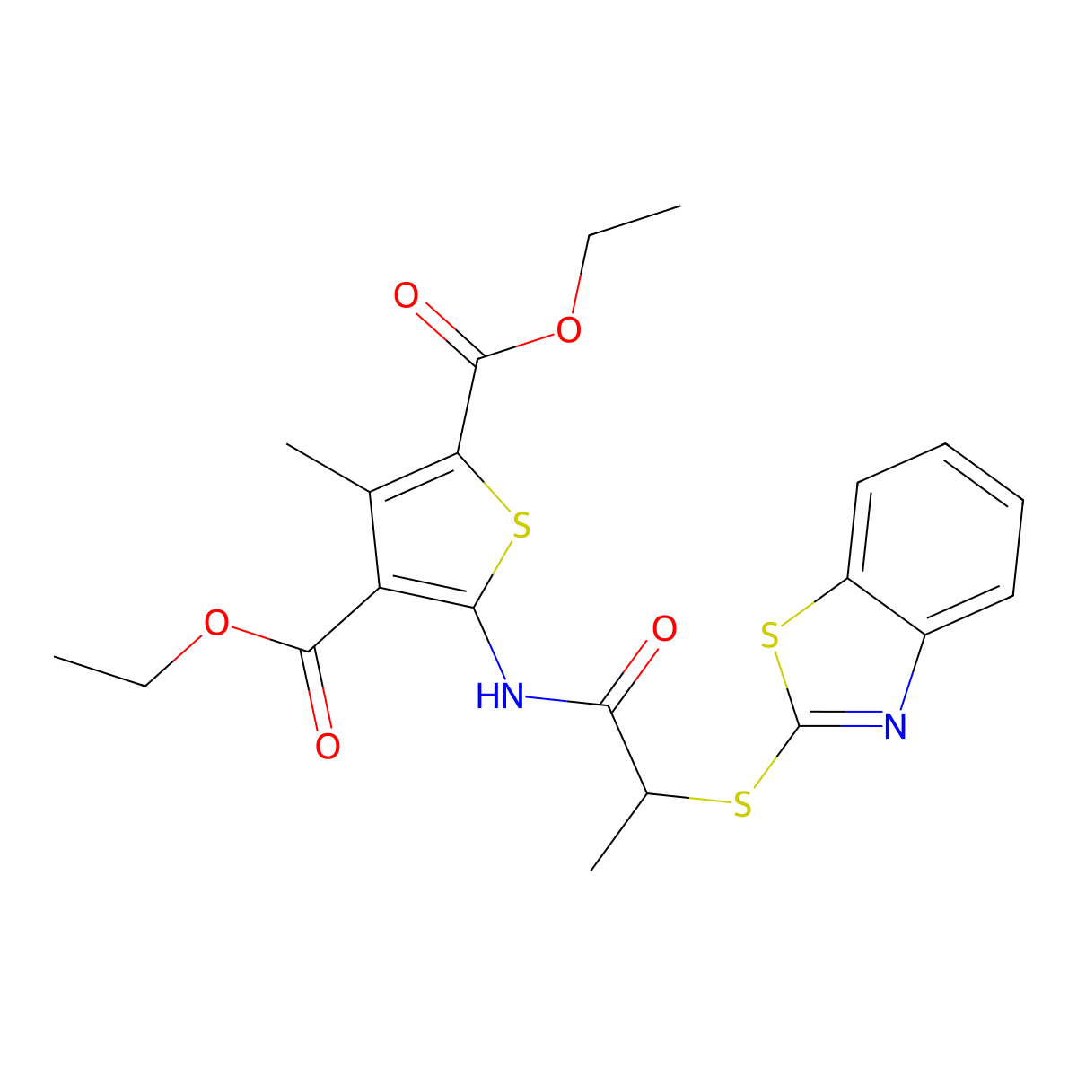 Diethyl 5-(2-(benzo[d]thiazol-2-ylthio)propanamido)-3-methylthiophene-2,4-dicarboxylate molecular structure, CAS 403844-97-3