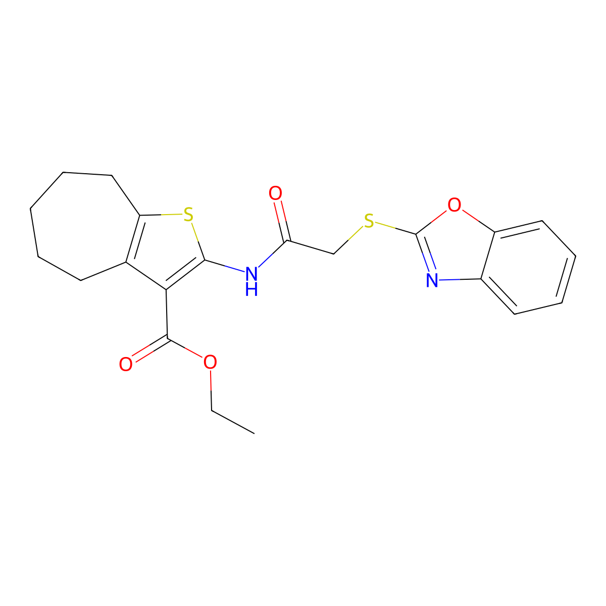 ethyl 2-(2-(benzo[d]oxazol-2-ylthio)acetamido)-5,6,7,8-tetrahydro-4H-cyclohepta[b]thiophene-3-carboxylate molecular structure, CAS 403845-00-1