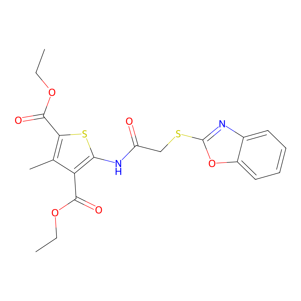 Diethyl 5-(2-(benzo[d]oxazol-2-ylthio)acetamido)-3-methylthiophene-2,4-dicarboxylate molecular structure, CAS 403845-02-3