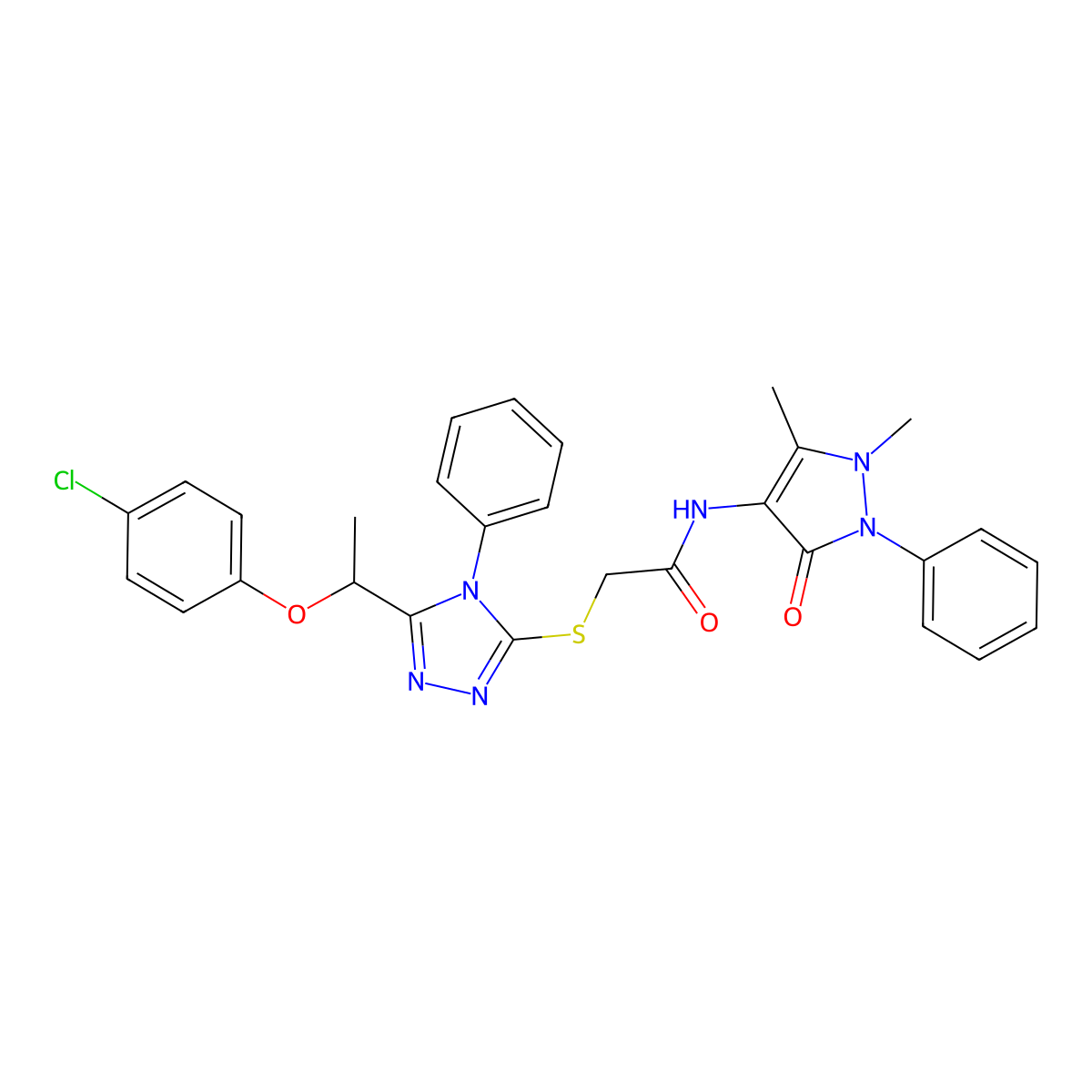 2-[[5-[1-(4-chlorophenoxy)ethyl]-4-phenyl-1,2,4-triazol-3-yl]sulfanyl]-N-(1,5-dimethyl-3-oxo-2-phenylpyrazol-4-yl)acetamide molecular structure, CAS 403990-79-4