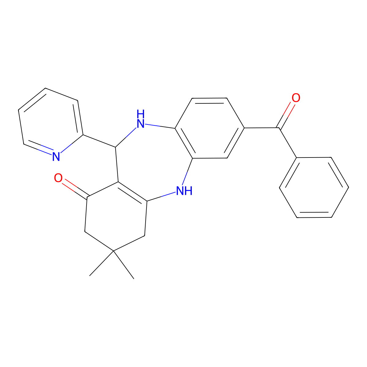 2-benzoyl-9,9-dimethyl-6-pyridin-2-yl-6,8,10,11-tetrahydro-5H-benzo[b][1,4]benzodiazepin-7-one molecular structure, CAS 404026-68-2