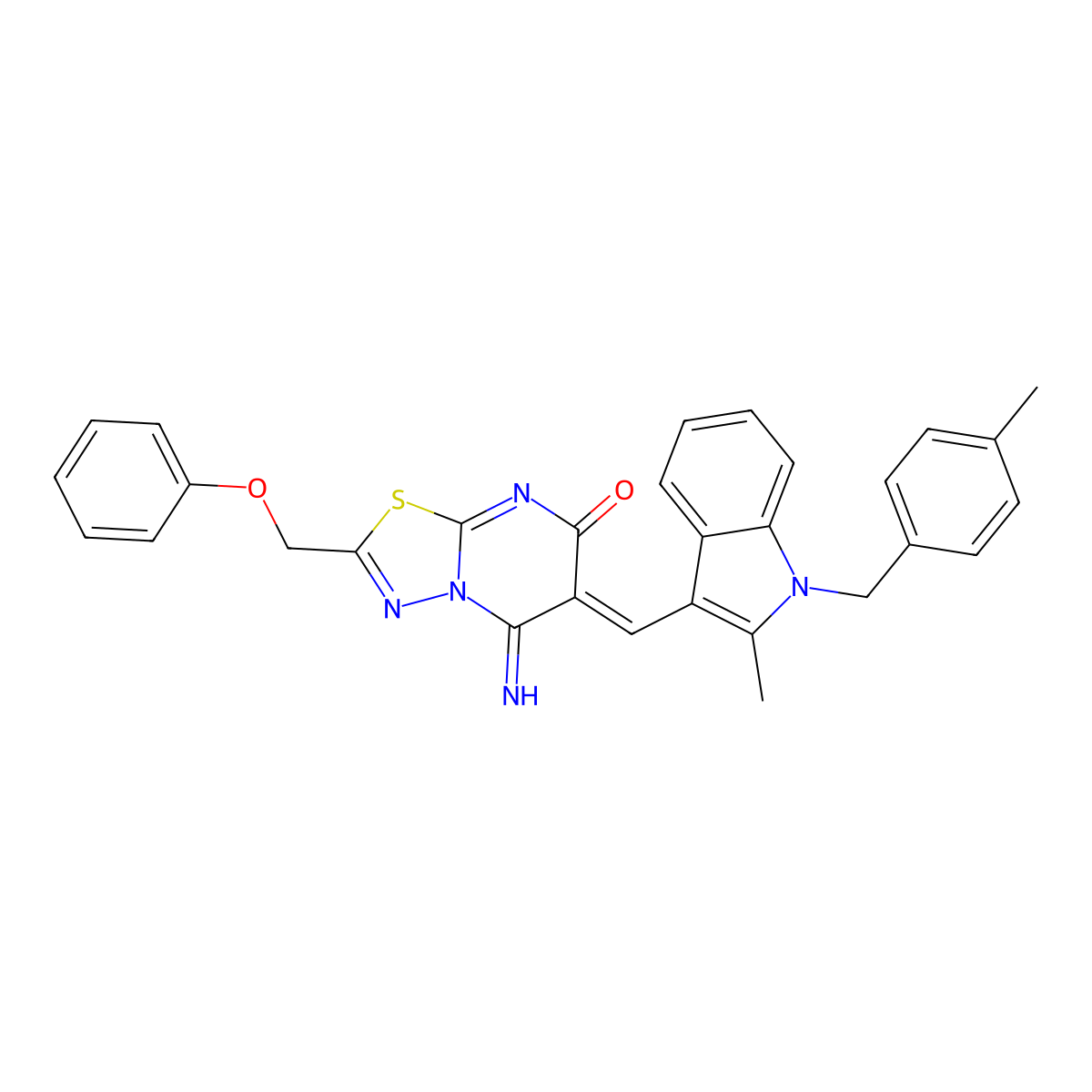 5,6-Dihydro-5-imino-6-[[2-methyl-1-[(4-methylphenyl)methyl]-1H-indol-3-yl]methylene]-2-(phenoxymethyl)-7H-1,3,4-thiadiazolo[3,2-a]pyrimidin-7-one molecular structure, CAS 404848-40-4