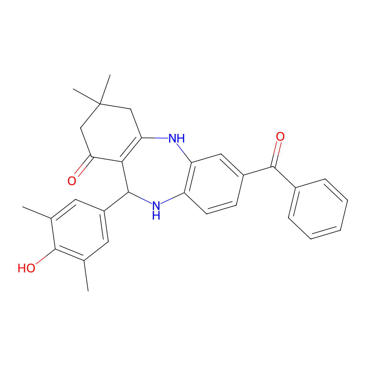 2-benzoyl-6-(4-hydroxy-3,5-dimethylphenyl)-9,9-dimethyl-6,8,10,11-tetrahydro-5H-benzo[b][1,4]benzodiazepin-7-one molecular structure, CAS 404849-07-6