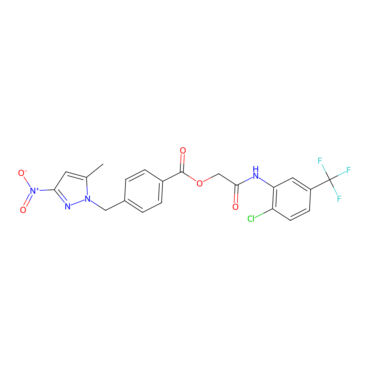 [2-[2-Chloro-5-(trifluoromethyl)anilino]-2-oxoethyl] 4-[(5-methyl-3-nitropyrazol-1-yl)methyl]benzoate molecular structure, CAS 404853-14-1