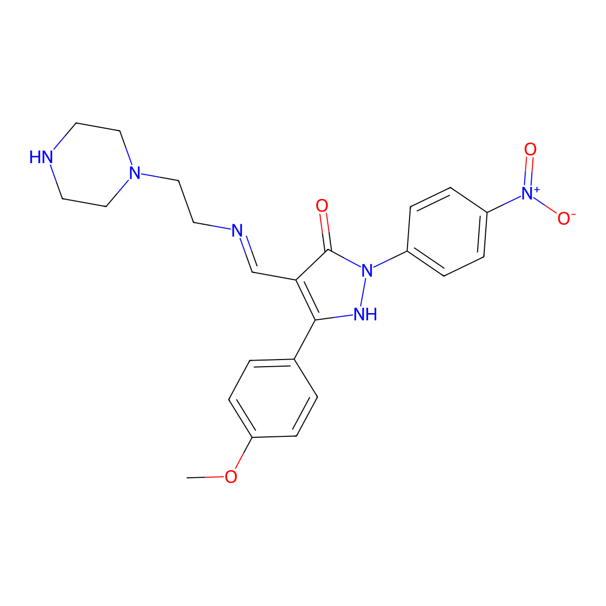 (4E)-5-(4-methoxyphenyl)-2-(4-nitrophenyl)-4-({[2-(piperazin-1-yl)ethyl]amino}methylidene)-2,4-dihydro-3H-pyrazol-3-one molecular structure, CAS 404897-77-4
