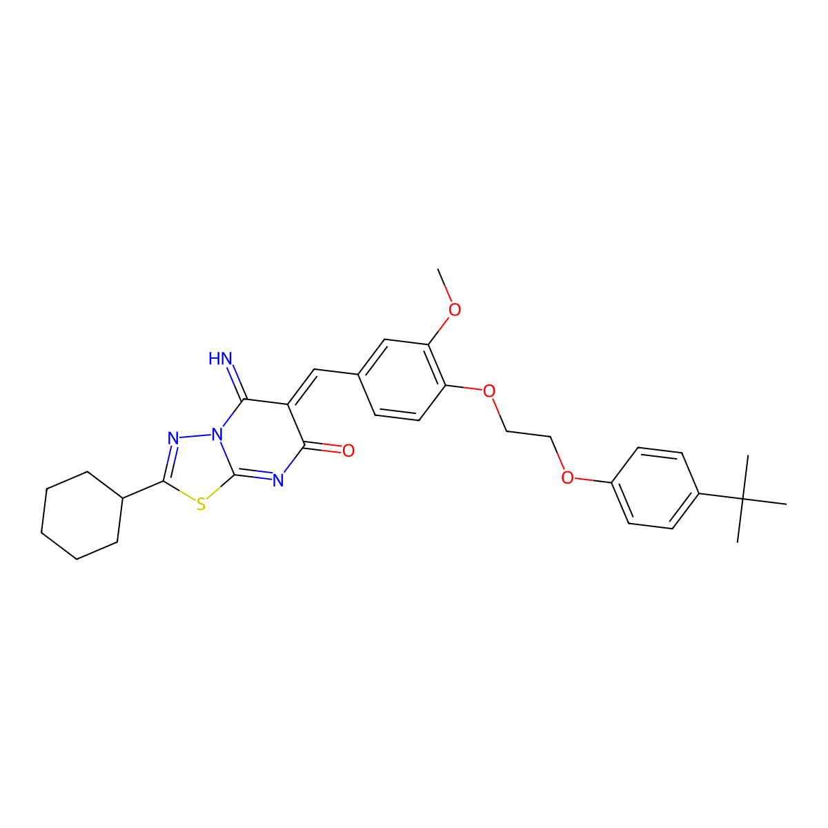 2-Cyclohexyl-6-[[4-[2-[4-(1,1-dimethylethyl)phenoxy]ethoxy]-3-methoxyphenyl]methylene]-5,6-dihydro-5-imino-7H-1,3,4-thiadiazolo[3,2-a]pyrimidin-7-one molecular structure, CAS 404900-71-6