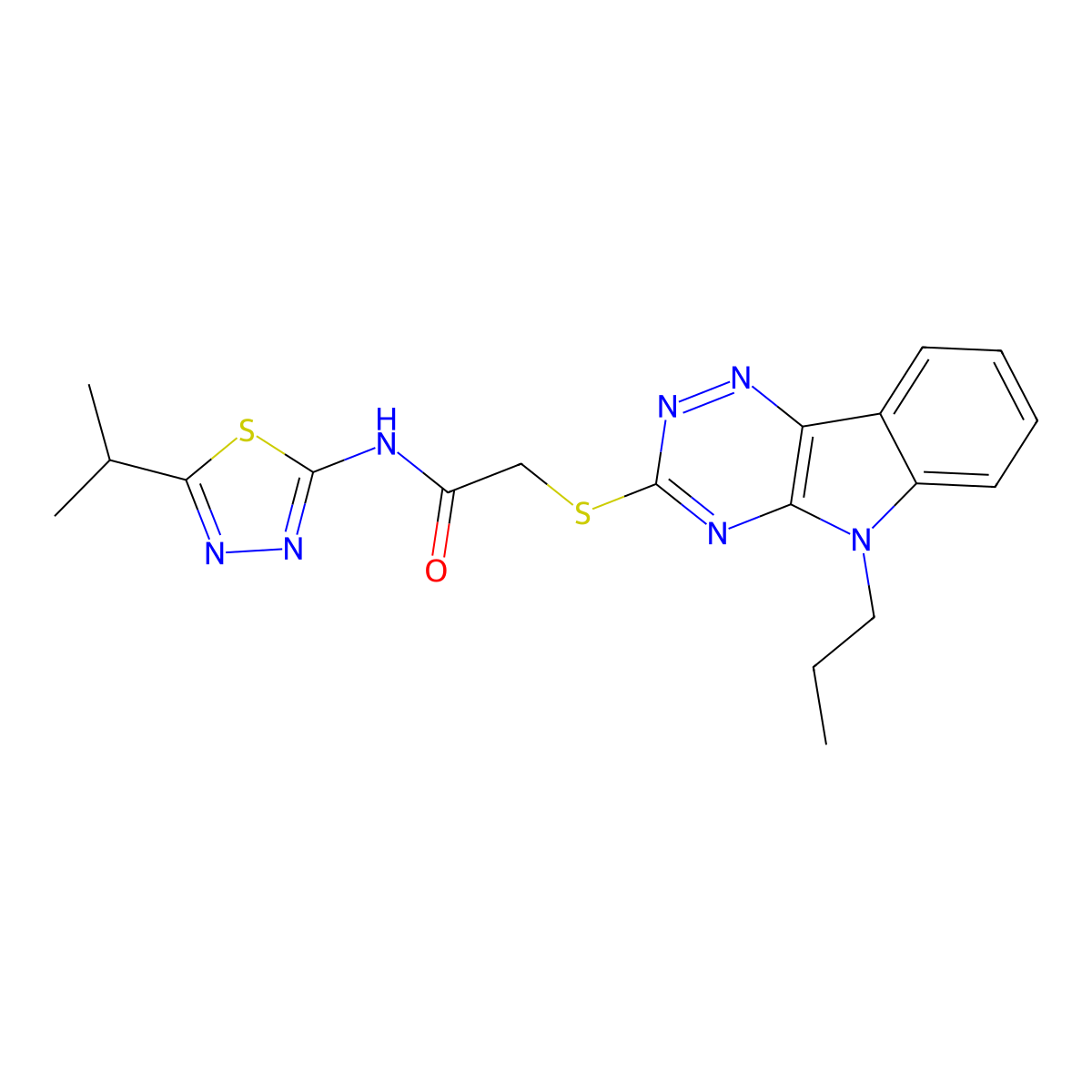N-(5-propan-2-yl-1,3,4-thiadiazol-2-yl)-2-[(5-propyl-[1,2,4]triazino[5,6-b]indol-3-yl)sulfanyl]acetamide molecular structure, CAS 404914-97-2