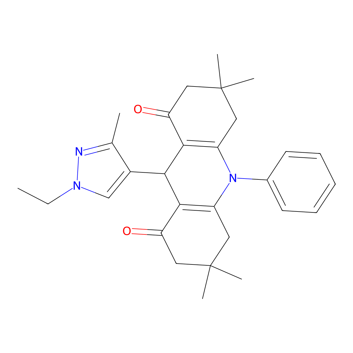 9-(1-ethyl-3-methyl-1H-pyrazol-4-yl)-3,3,6,6-tetramethyl-10-phenyl-3,4,6,7,9,10-hexahydro-1,8(2H,5H)-acridinedione molecular structure, CAS 404922-73-2