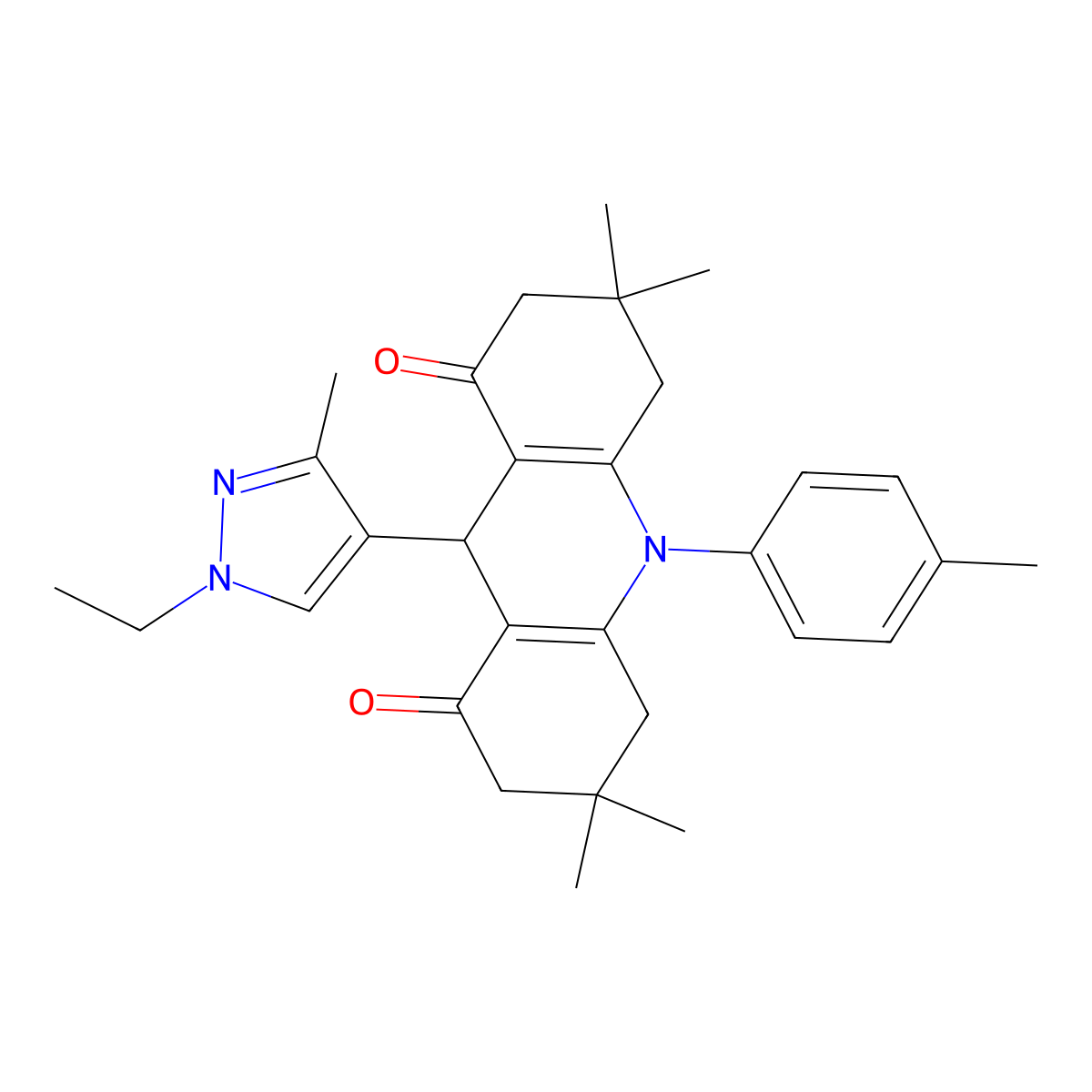 9-(1-ethyl-3-methylpyrazol-4-yl)-3,3,6,6-tetramethyl-10-(4-methylphenyl)-4,5,7,9-tetrahydro-2H-acridine-1,8-dione molecular structure, CAS 404923-48-4