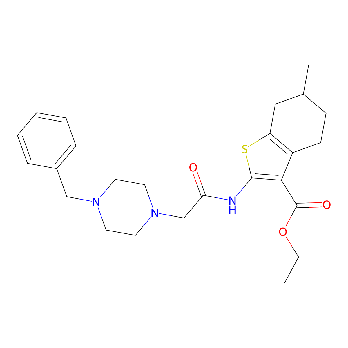 Ethyl 2-[[2-(4-benzylpiperazin-1-yl)acetyl]amino]-6-methyl-4,5,6,7-tetrahydro-1-benzothiophene-3-carboxylate molecular structure, CAS 405156-42-5