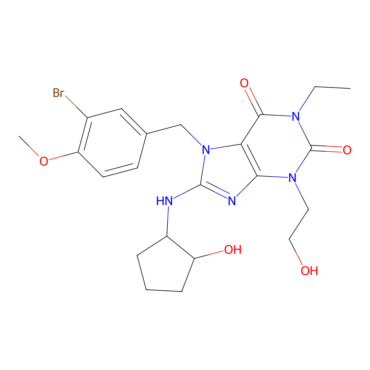 1-Ethyl-3,7-dihydro-8-[(1R,2R)-(hydroxycyclopentyl)amino]-3-(2-hydroxyethyl)-7-[(3-bromo-4-methoxyphenyl)methyl]-1H-purine-2,6-dione molecular structure, CAS 405214-79-1
