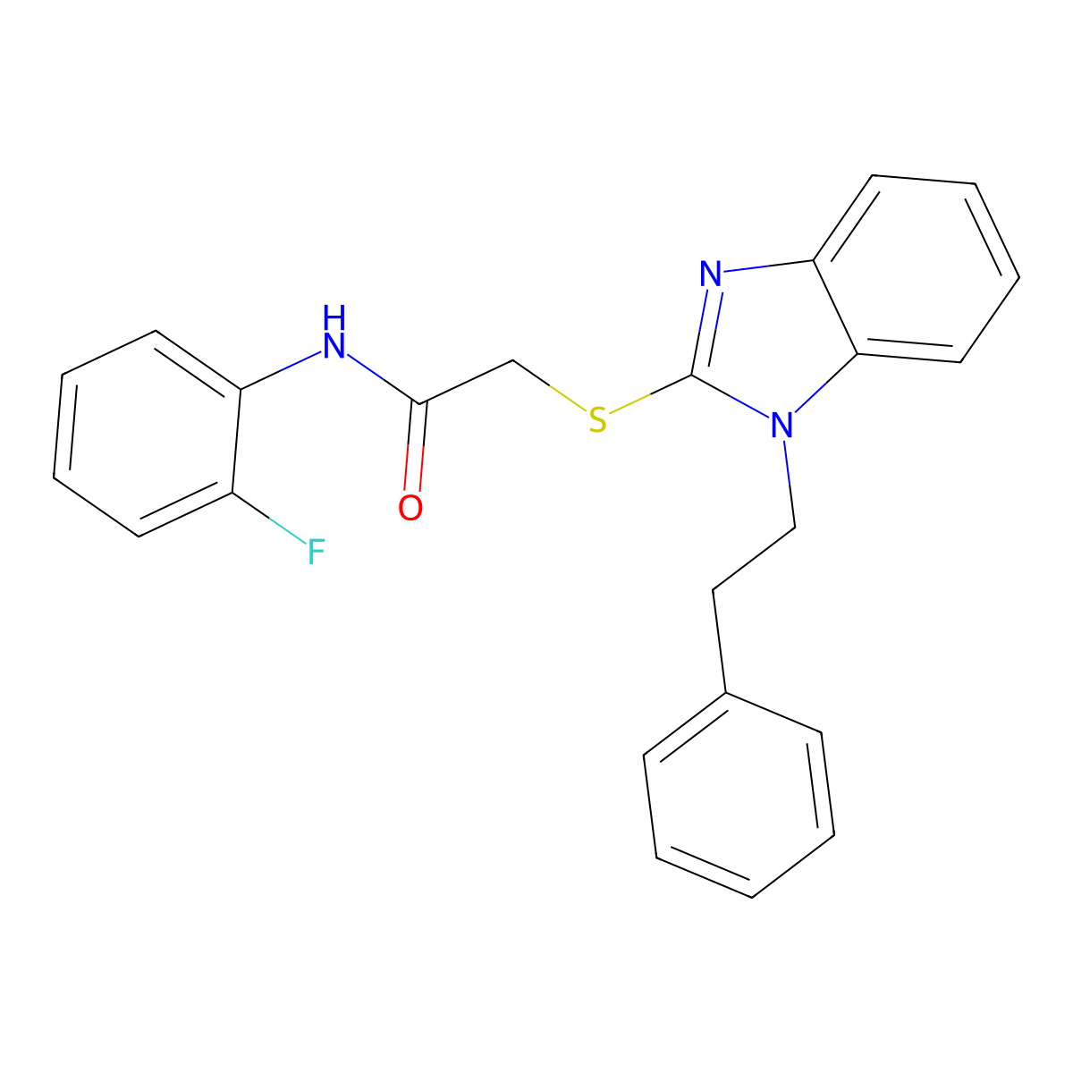 N-(2-Fluoro-phenyl)-2-(1-phenethyl-1H-benzoimidazol-2-ylsulfanyl)-acetamide molecular structure, CAS 405277-69-2