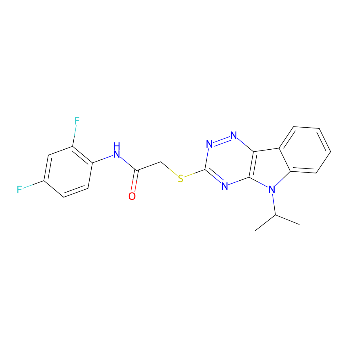 N-(2,4-difluorophenyl)-2-[(5-propan-2-yl-[1,2,4]triazino[5,6-b]indol-3-yl)sulfanyl]acetamide molecular structure, CAS 405279-40-5