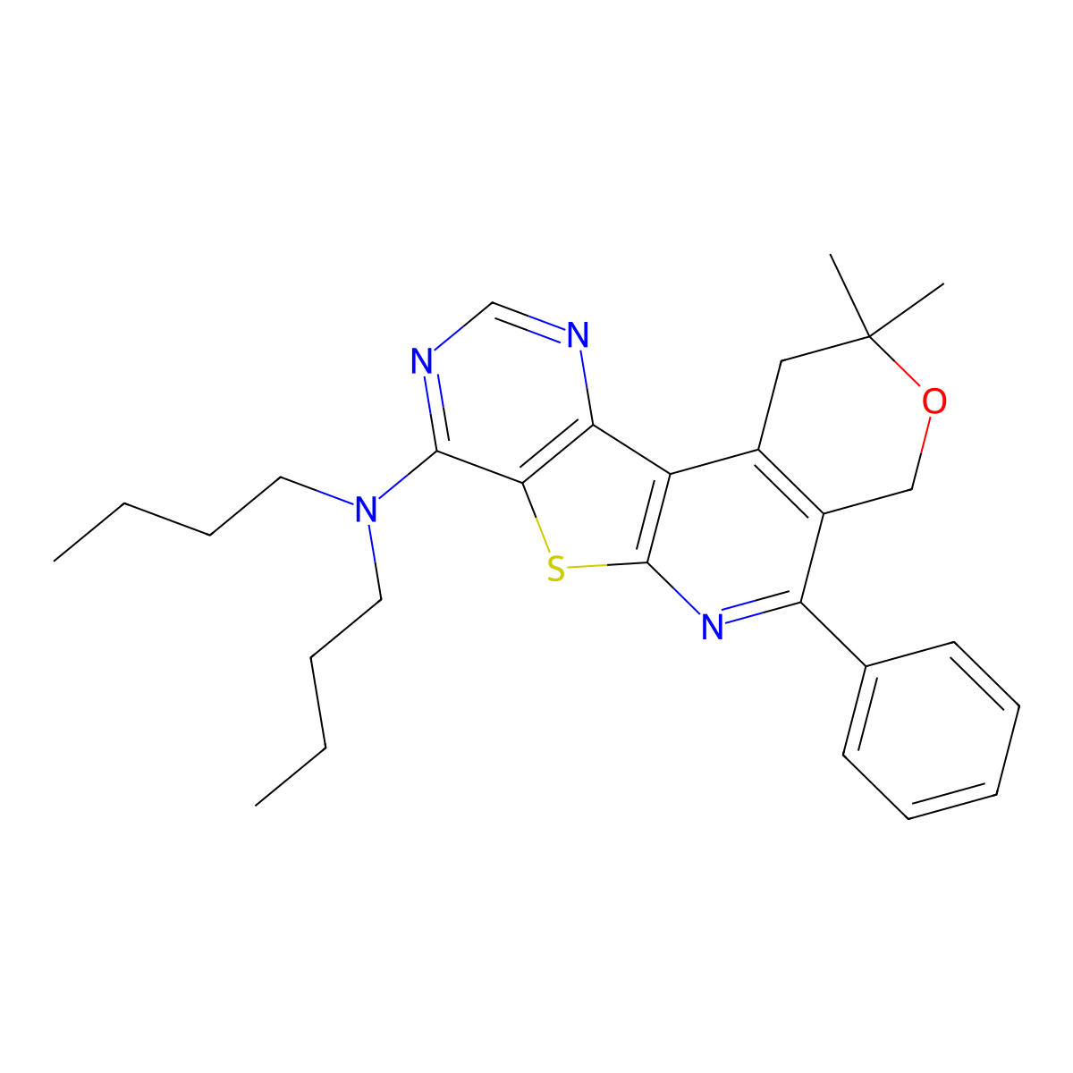 N,N-dibutyl-N-(2,2-dimethyl-5-phenyl-1,4-dihydro-2H-pyrano[4'',3'':4',5']pyrido[3',2':4,5]thieno[3,2-d]pyrimidin-8-yl)amine molecular structure, CAS 405281-63-2