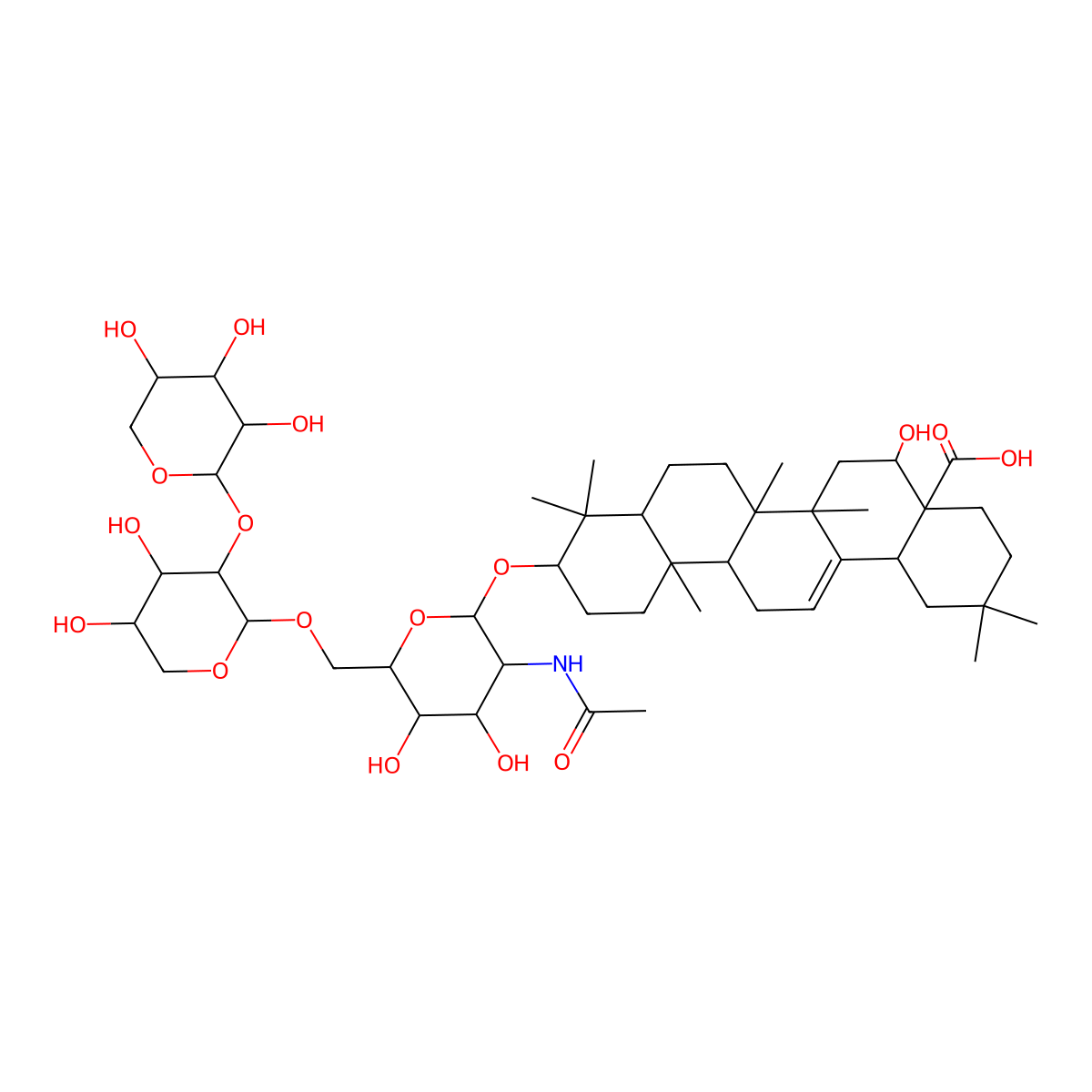 NCGC00384703-01_C48H77NO17_Olean-12-en-28-oic acid, 16-hydroxy-3-[[O-beta-D-xylopyranosyl-(1->2)-O-alpha-L-arabinopyranosyl-(1->6)-2-(acetylamino)-2-deoxy-beta-D-glucopyranosyl]oxy]-, (3beta,5xi,9xi,16alpha,18xi)- molecular structure, CAS 405305-24-0