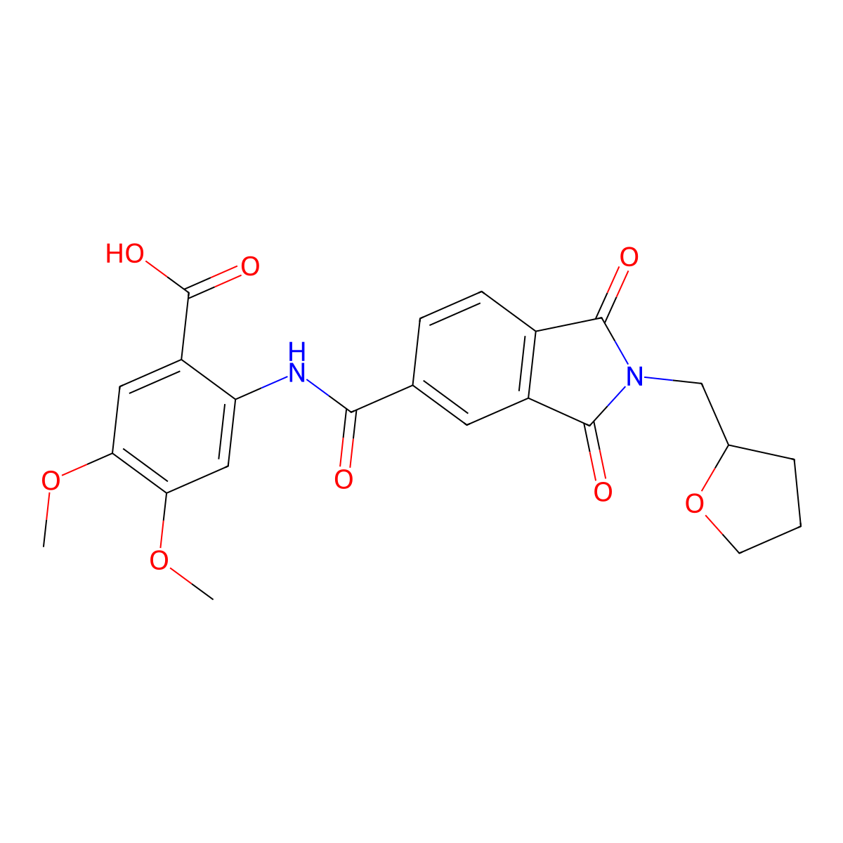 2-({[1,3-dioxo-2-(tetrahydrofuran-2-ylmethyl)-2,3-dihydro-1H-isoindol-5-yl]carbonyl}amino)-4,5-dimethoxybenzoic acid molecular structure, CAS 405894-72-6