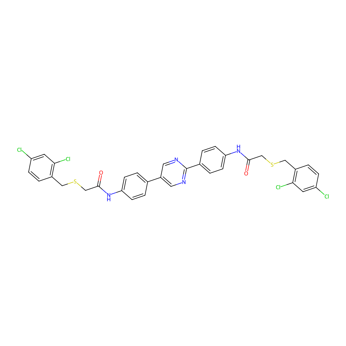 N,N'-(pyrimidine-2,5-diyldibenzene-4,1-diyl)bis{2-[(2,4-dichlorobenzyl)sulfanyl]acetamide} molecular structure, CAS 405898-03-5
