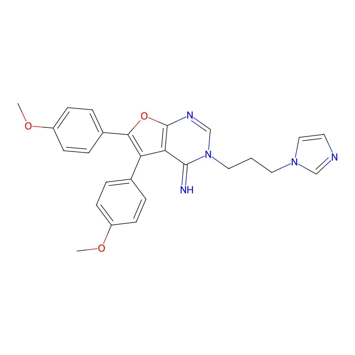 3-(3-(1H-imidazol-1-yl)propyl)-5,6-bis(4-methoxyphenyl)furo[2,3-d]pyrimidin-4(3H)-imine molecular structure, CAS 405901-54-4