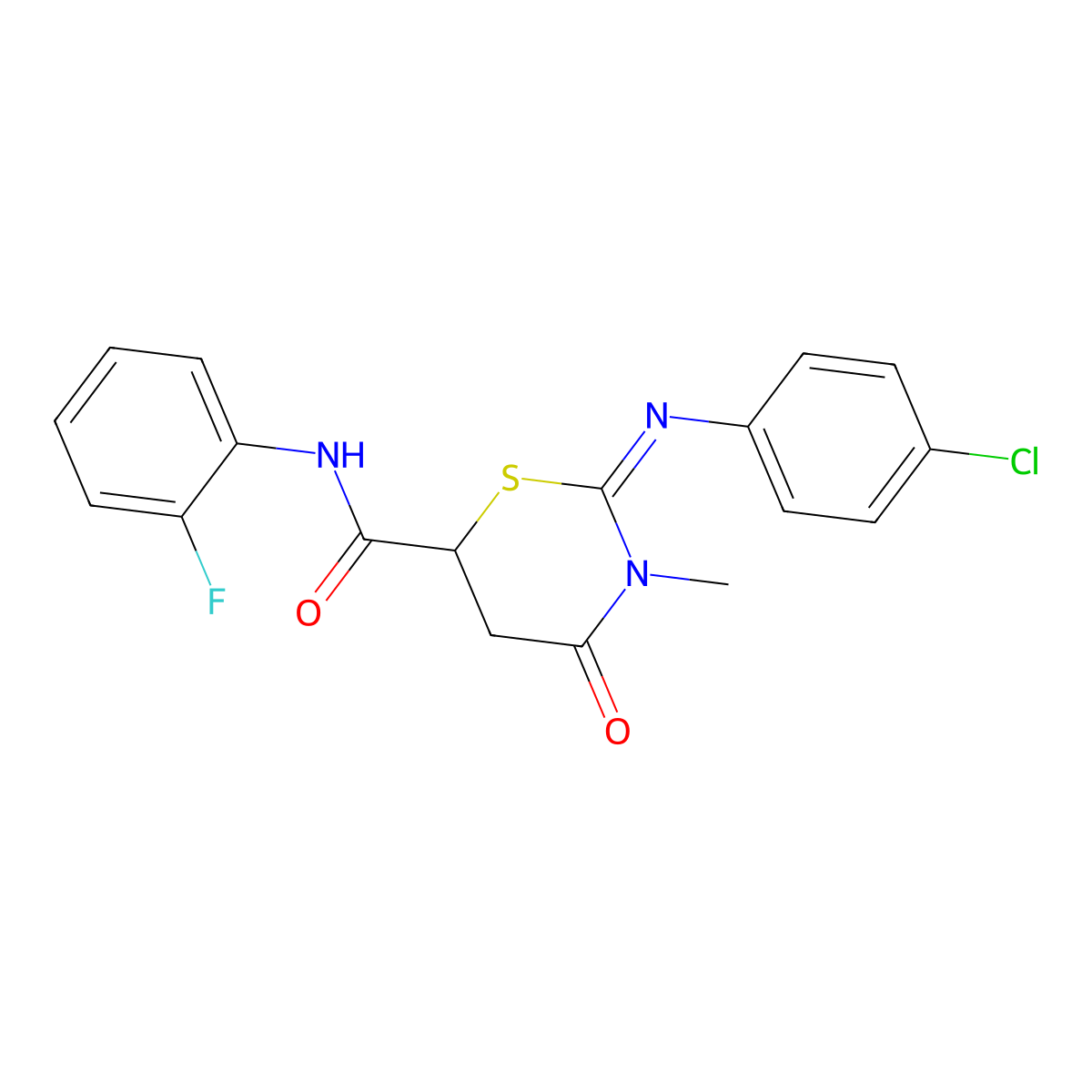 2-[(4-chlorophenyl)imino]-N-(2-fluorophenyl)-3-methyl-4-oxo-1,3-thiazinane-6-carboxamide molecular structure, CAS 405902-90-1