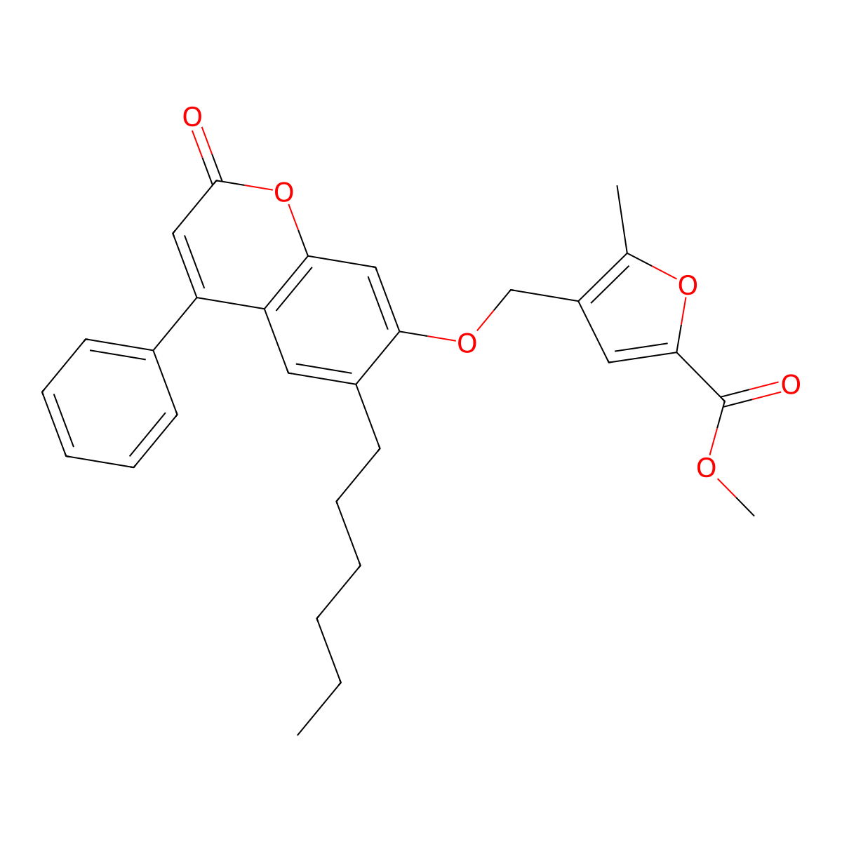Methyl 4-[(6-hexyl-2-oxo-4-phenylchromen-7-yl)oxymethyl]-5-methylfuran-2-carboxylate molecular structure, CAS 405916-96-3