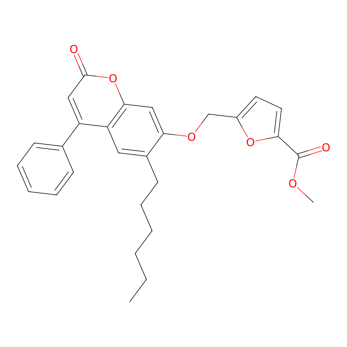 Methyl 5-[(6-hexyl-2-oxo-4-phenylchromen-7-yl)oxymethyl]furan-2-carboxylate molecular structure, CAS 405916-99-6