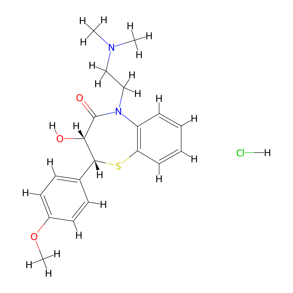 1,5-Benzothiazepin-4(5H)-one, 2,3-dihydro-5-(2-(dimethylamino)ethyl)-3-hydroxy-2-(p-methoxyphenyl)-, monohydrochloride, (Z)- molecular structure, CAS 40601-99-8
