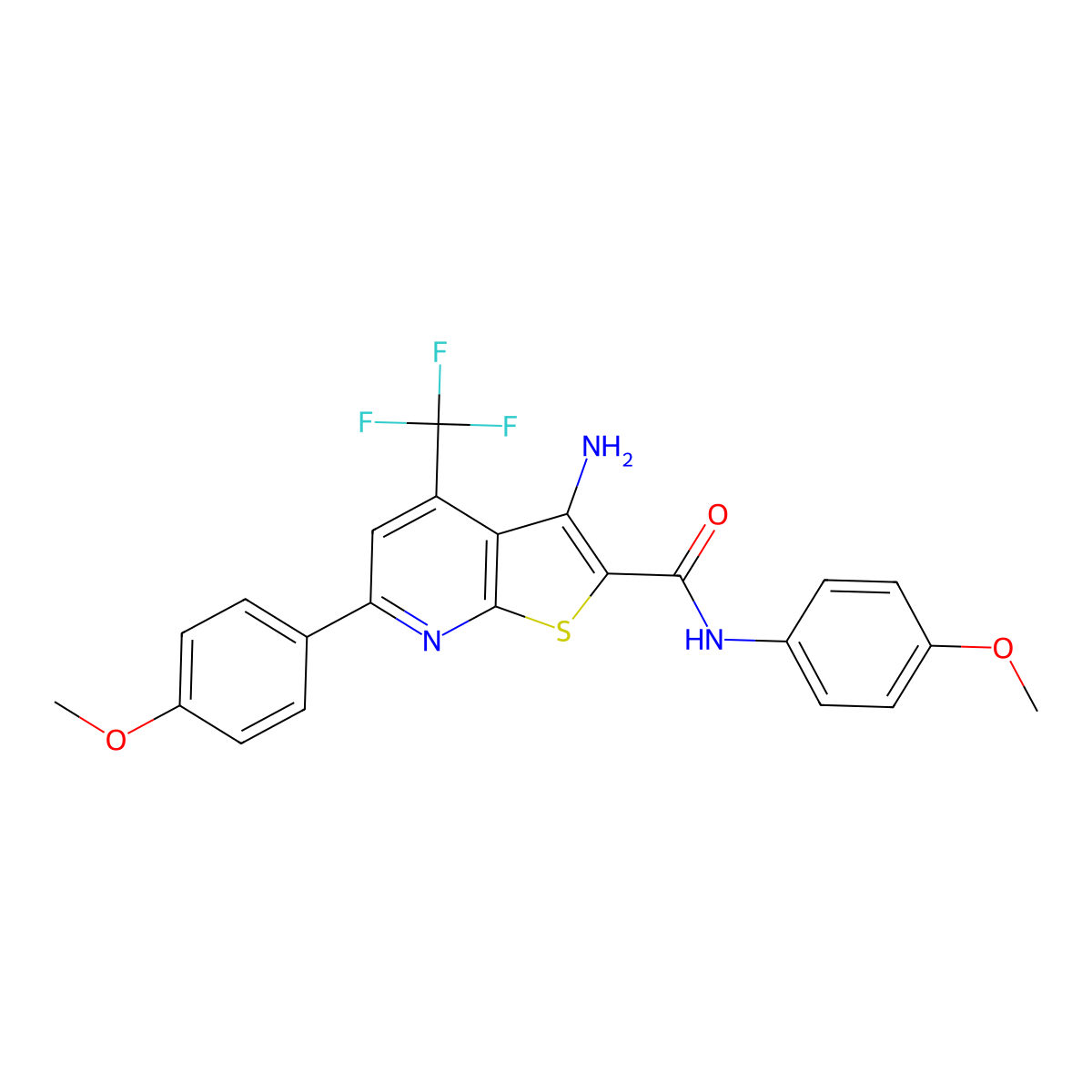 3-Amino-N,6-bis(4-methoxyphenyl)-4-(trifluoromethyl)thieno(2,3-B)pyridine-2-carboxamide molecular structure, CAS 406180-22-1