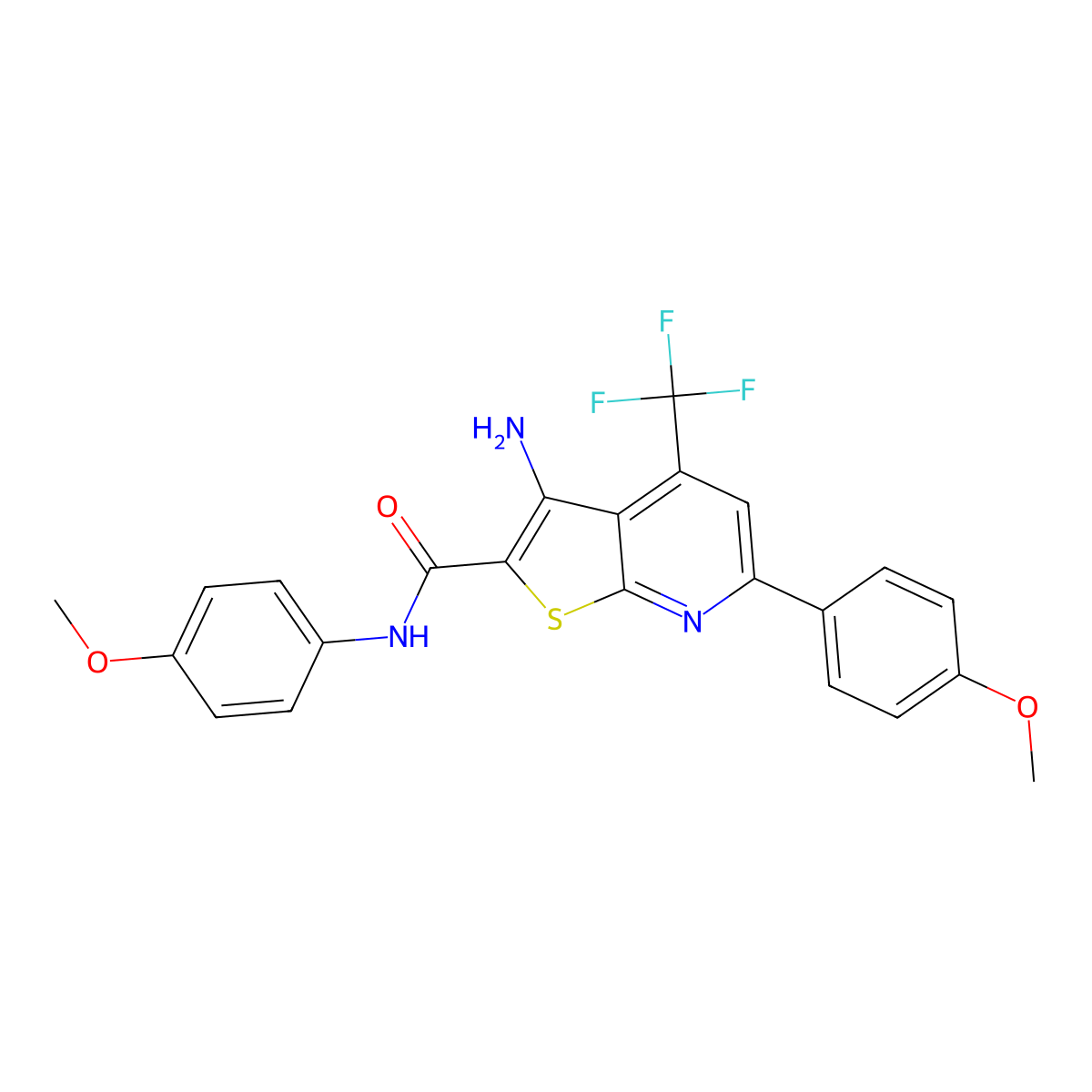 3-Amino-N,6-bis(4-methoxyphenyl)-4-(trifluoromethyl)thieno(2,3-B)pyridine-2-carboxamide molecular structure, CAS 406180-22-1
