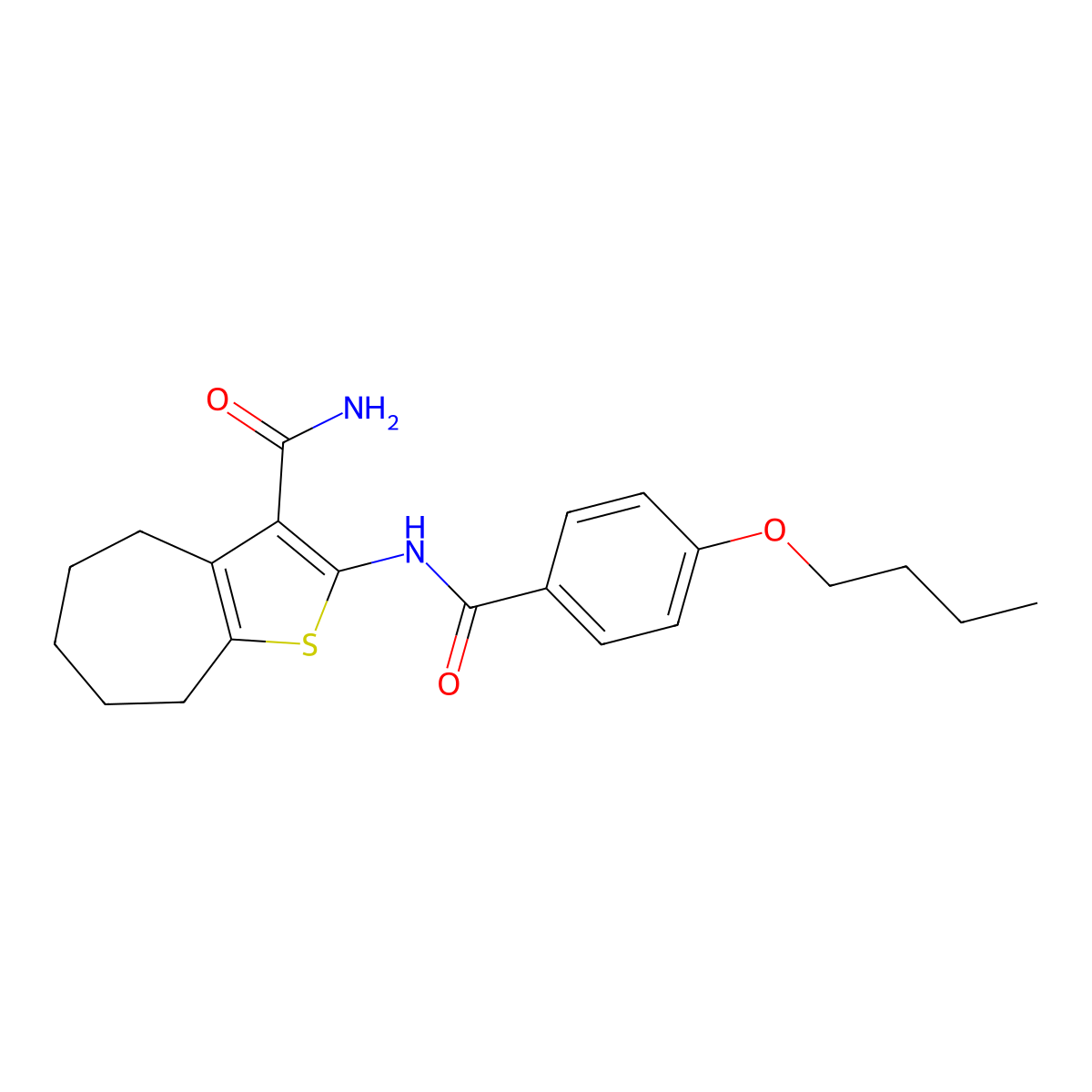 2-[(4-butoxybenzoyl)amino]-5,6,7,8-tetrahydro-4H-cyclohepta[b]thiophene-3-carboxamide molecular structure, CAS 406190-48-5