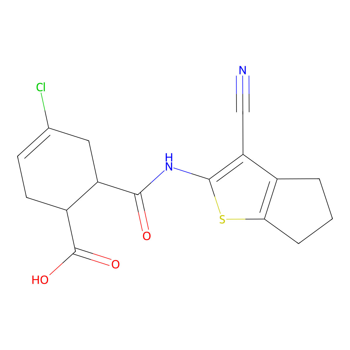 4-chloro-6-((3-cyano-5,6-dihydro-4H-cyclopenta[b]thiophen-2-yl)carbamoyl)cyclohex-3-enecarboxylic acid molecular structure, CAS 406190-53-2
