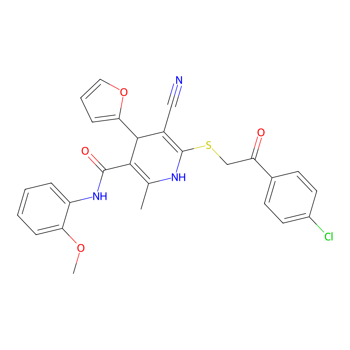 6-((2-(4-chlorophenyl)-2-oxoethyl)thio)-5-cyano-4-(furan-2-yl)-N-(2-methoxyphenyl)-2-methyl-1,4-dihydropyridine-3-carboxamide molecular structure, CAS 406194-96-5