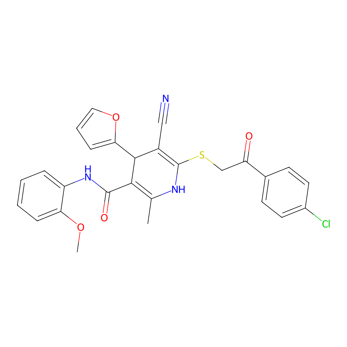 6-((2-(4-chlorophenyl)-2-oxoethyl)thio)-5-cyano-4-(furan-2-yl)-N-(2-methoxyphenyl)-2-methyl-1,4-dihydropyridine-3-carboxamide molecular structure, CAS 406194-96-5