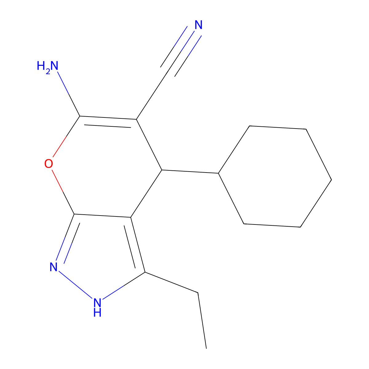 6-Amino-4-cyclohexyl-3-ethyl-2,4-dihydropyrano[2,3-c]pyrazole-5-carbonitrile molecular structure, CAS 406195-79-7