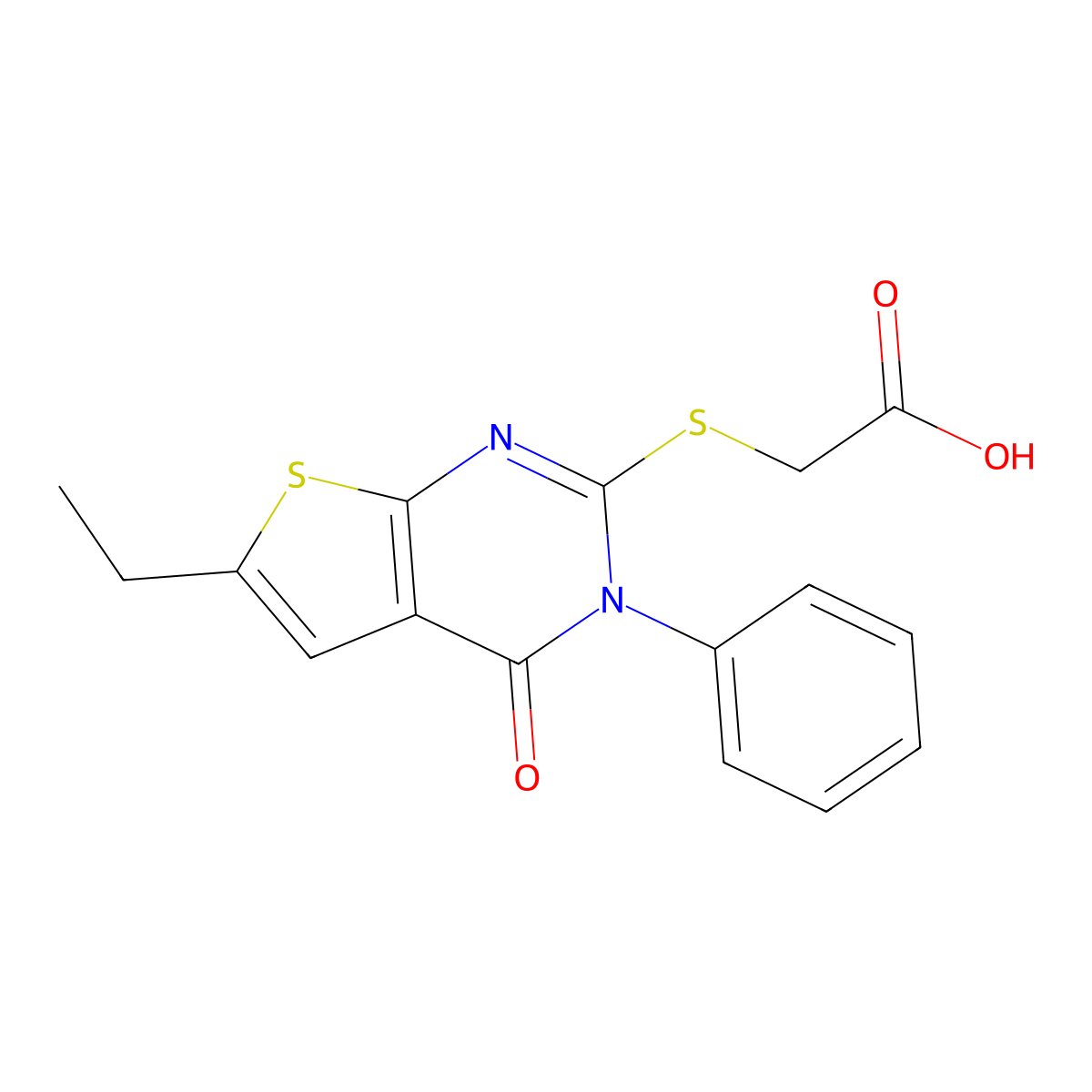 2-((6-Ethyl-4-oxo-3-phenyl-3,4-dihydrothieno[2,3-d]pyrimidin-2-yl)thio)acetic acid molecular structure, CAS 406199-75-5