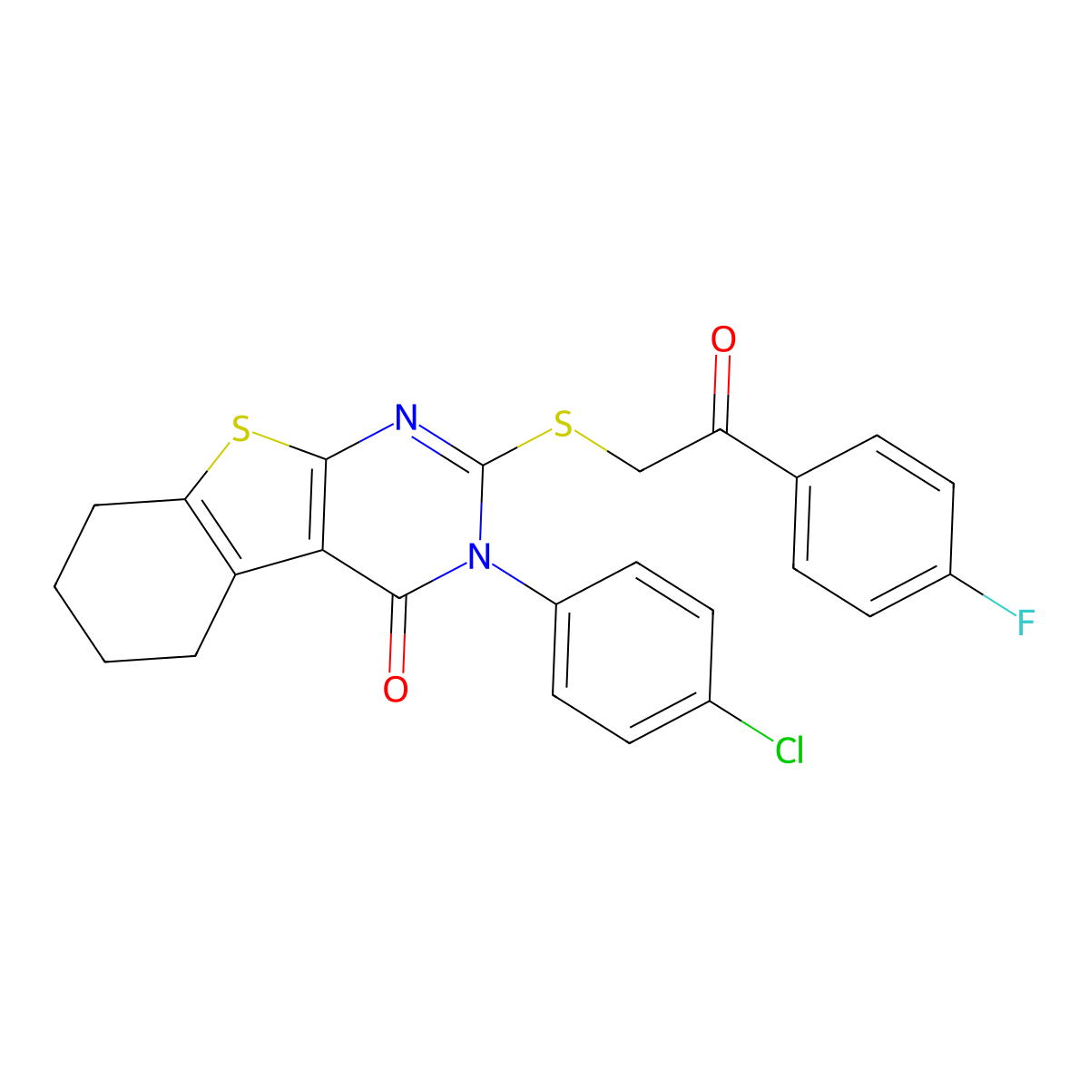 3-(4-chlorophenyl)-2-{[2-(4-fluorophenyl)-2-oxoethyl]sulfanyl}-5,6,7,8-tetrahydro[1]benzothieno[2,3-d]pyrimidin-4(3H)-one molecular structure, CAS 406201-26-1