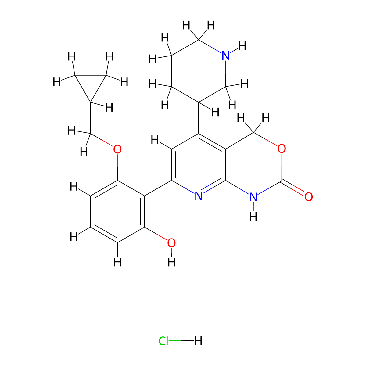 7-(2-(cyclopropylmethoxy)-6-hydroxyphenyl)-5-(piperidin-3-yl)-1H-pyrido[2,3-d][1,3]oxazin-2(4H)-one hydrochloride molecular structure, CAS 406208-34-2