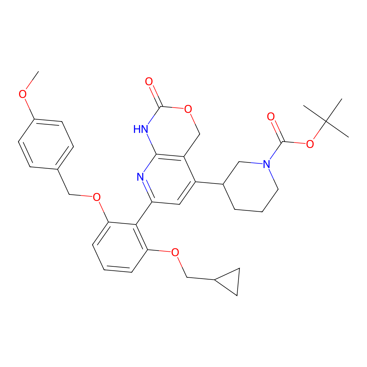 1-Piperidinecarboxylic acid, 3-[7-[2-(cyclopropylmethoxy)-6-[(4-methoxyphenyl)methoxy]phenyl]-1,4-dihydro-2-oxo-2H-pyrido[2,3-d][1,3]oxazin-5-yl]-, 1,1-dimethylethyl ester molecular structure, CAS 406213-01-2
