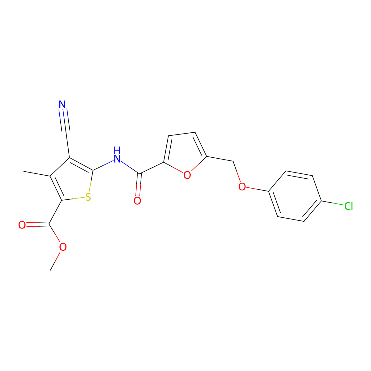 Methyl 5-({5-[(4-chlorophenoxy)methyl](2-furyl)}carbonylamino)-4-cyano-3-methy lthiophene-2-carboxylate molecular structure, CAS 406470-69-7