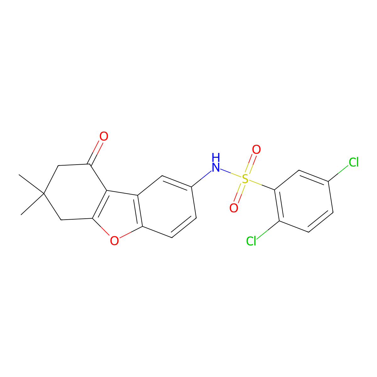 2,5-dichloro-N-(7,7-dimethyl-9-oxo-6,8-dihydrodibenzofuran-2-yl)benzenesulfonamide molecular structure, CAS 406474-39-3