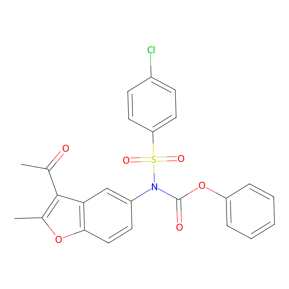 Phenyl (3-acetyl-2-methylbenzofuran-5-yl)((4-chlorophenyl)sulfonyl)carbamate molecular structure, CAS 406475-50-1