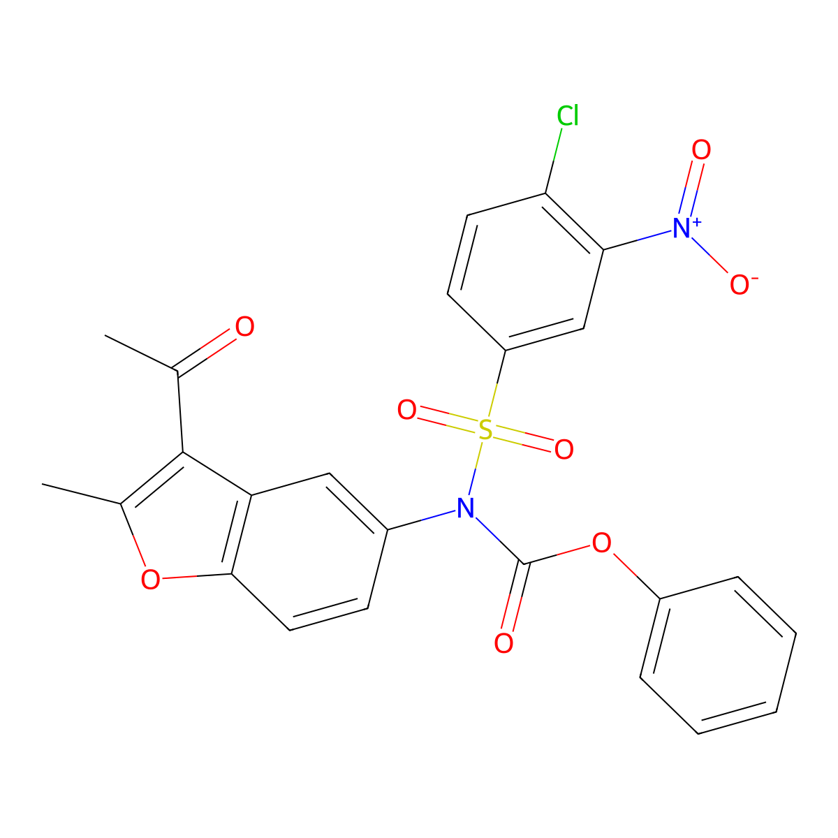 Phenyl (3-acetyl-2-methylbenzofuran-5-yl)((4-chloro-3-nitrophenyl)sulfonyl)carbamate molecular structure, CAS 406475-56-7