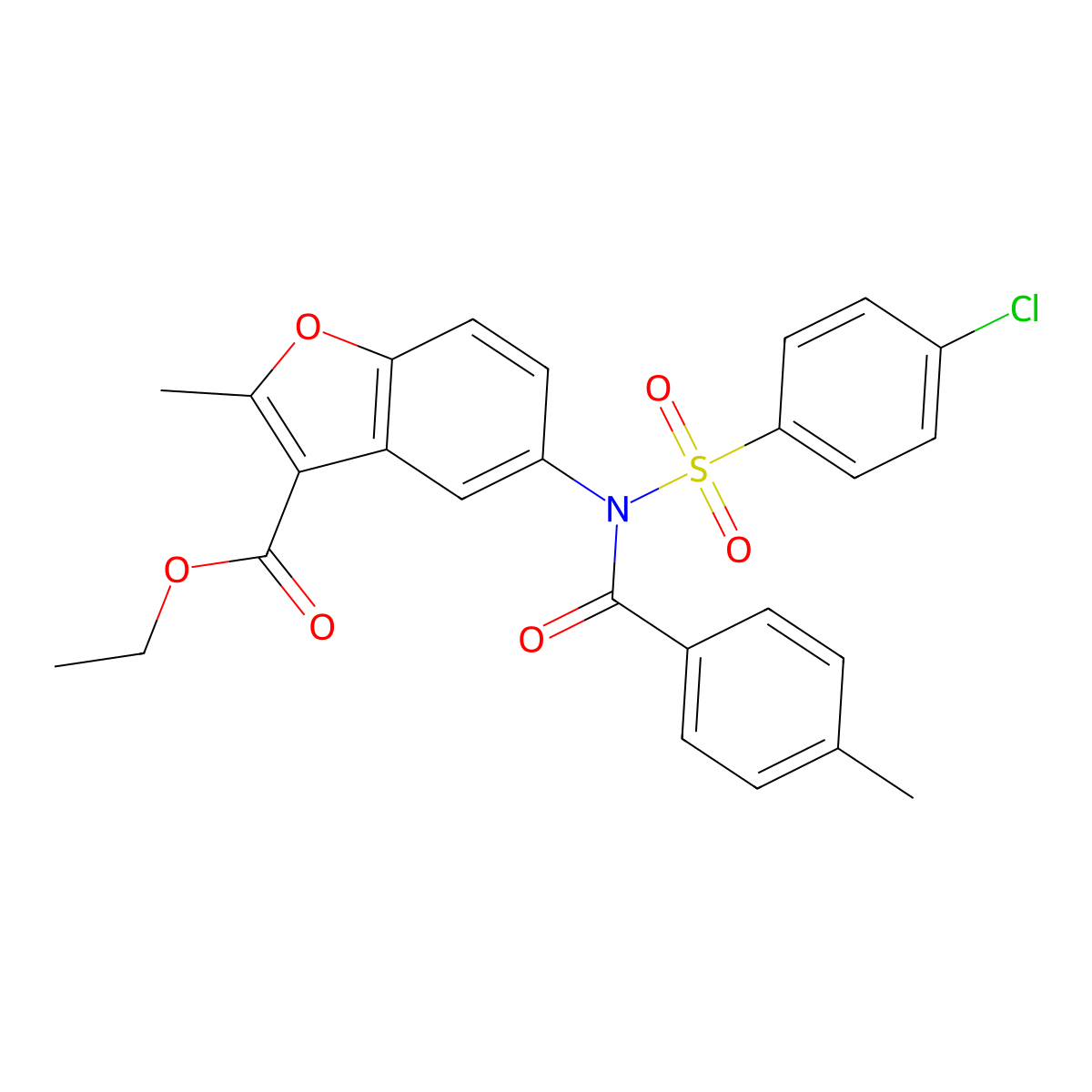 ethyl 5-(N-((4-chlorophenyl)sulfonyl)-4-methylbenzamido)-2-methylbenzofuran-3-carboxylate molecular structure, CAS 406475-71-6