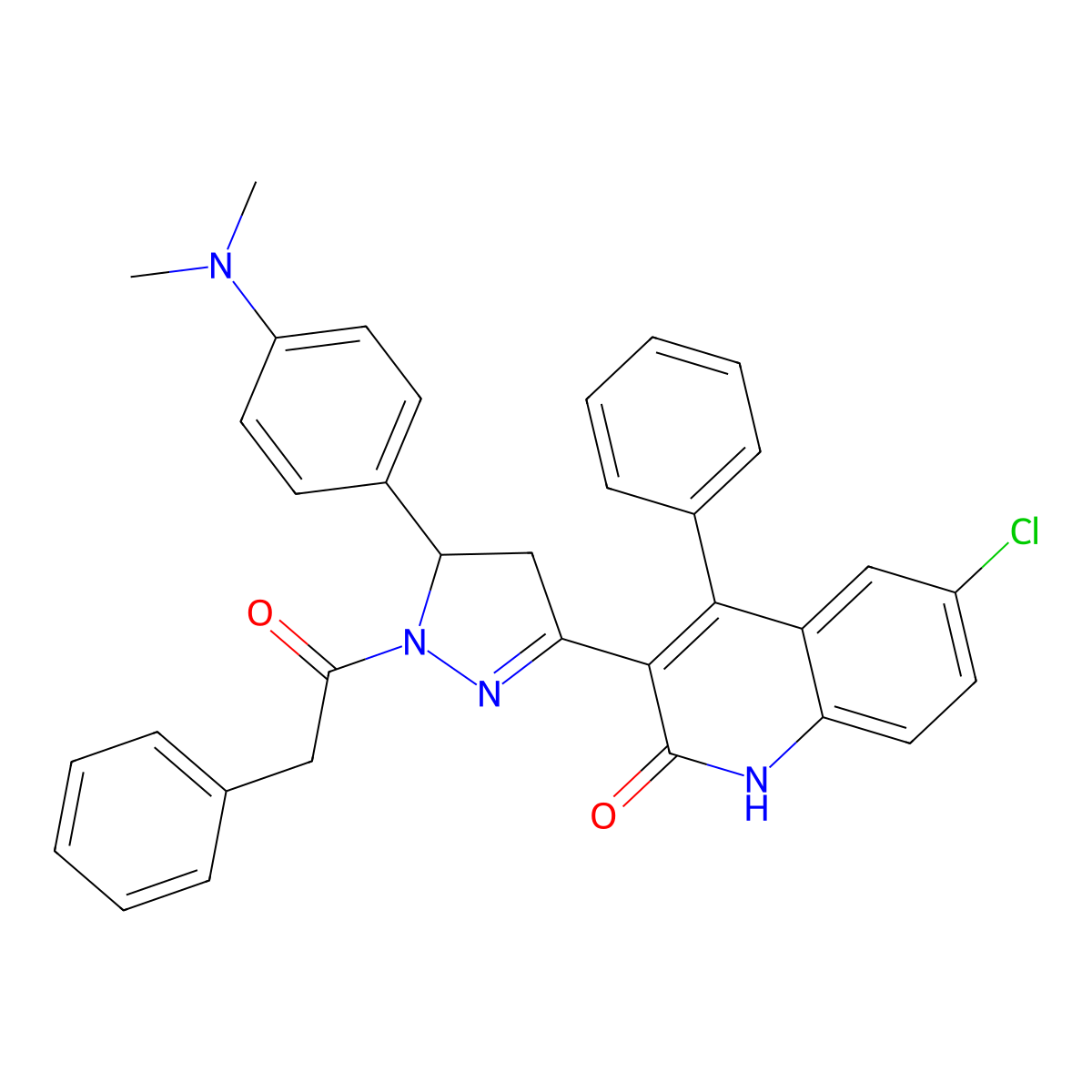 6-chloro-3-(5-(4-(dimethylamino)phenyl)-1-(2-phenylacetyl)-4,5-dihydro-1H-pyrazol-3-yl)-4-phenylquinolin-2(1H)-one molecular structure, CAS 406724-13-8