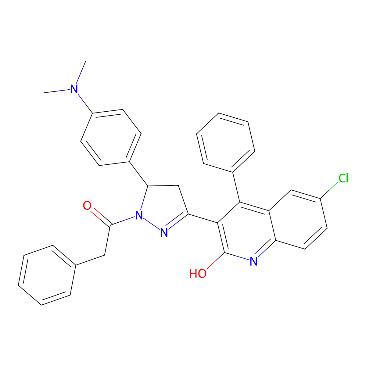 6-chloro-3-(5-(4-(dimethylamino)phenyl)-1-(2-phenylacetyl)-4,5-dihydro-1H-pyrazol-3-yl)-4-phenylquinolin-2(1H)-one molecular structure, CAS 406724-13-8
