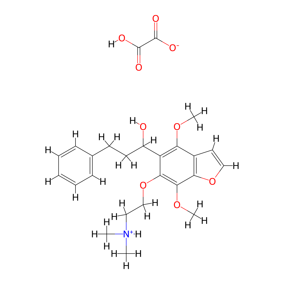 5-benzofuranmethanol, 4,7-dimethoxy-6-(2-(dimethylamino)ethoxy)-alpha-(2-phenylethyl)-, oxalate (1:1) (salt) molecular structure, CAS 40680-72-6