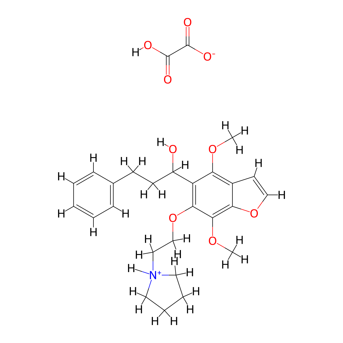 5-benzofuranmethanol, 4,7-dimethoxy-alpha-(2-phenylethyl)-6-(2-(1-pyrrolidinyl)ethoxy)-, oxalate (1:1) (salt) molecular structure, CAS 40680-74-8