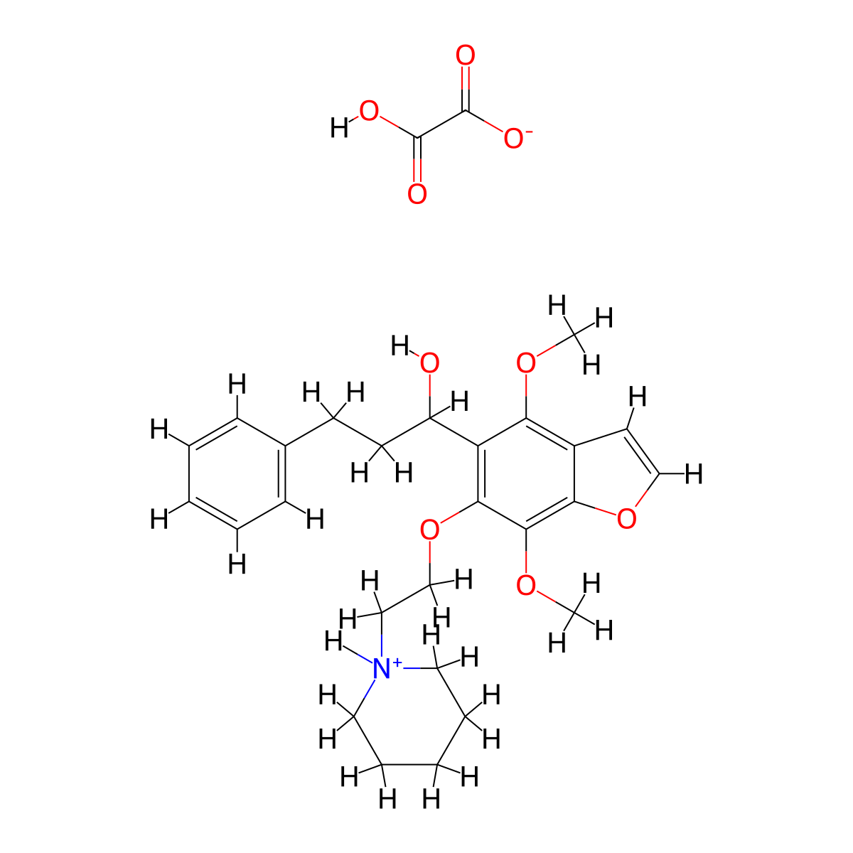 5-benzofuranmethanol, 4,7-dimethoxy-alpha-(2-phenylethyl)-6-(2-(1-piperidinyl)ethoxy)-, oxalate (1:1) (salt) molecular structure, CAS 40680-75-9
