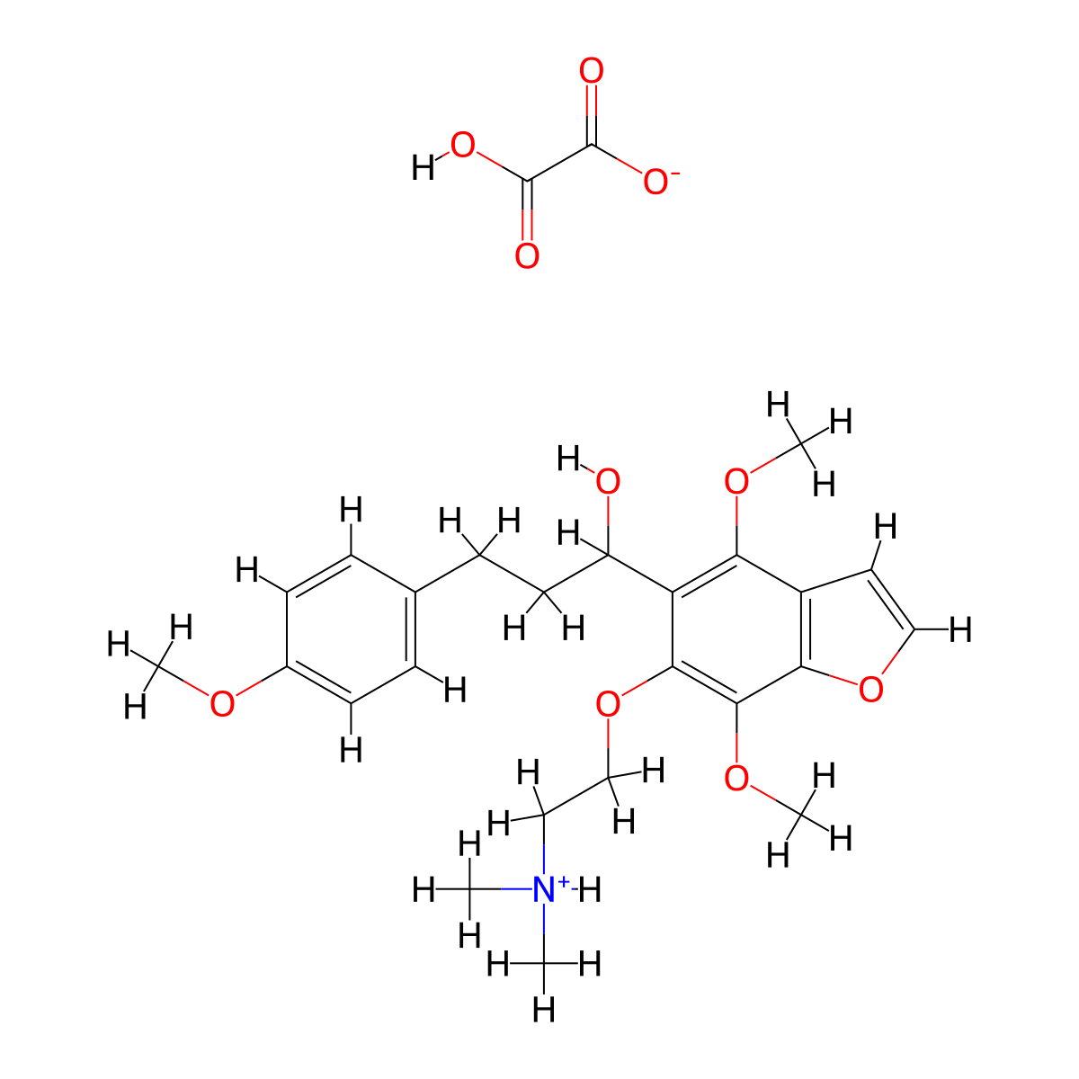 5-benzofuranmethanol, 4,7-dimethoxy-6-(2-(dimethylamino)ethoxy)-alpha-(2-(4-methoxyphenyl)ethyl)-, oxalate (1:1) (salt) molecular structure, CAS 40680-77-1