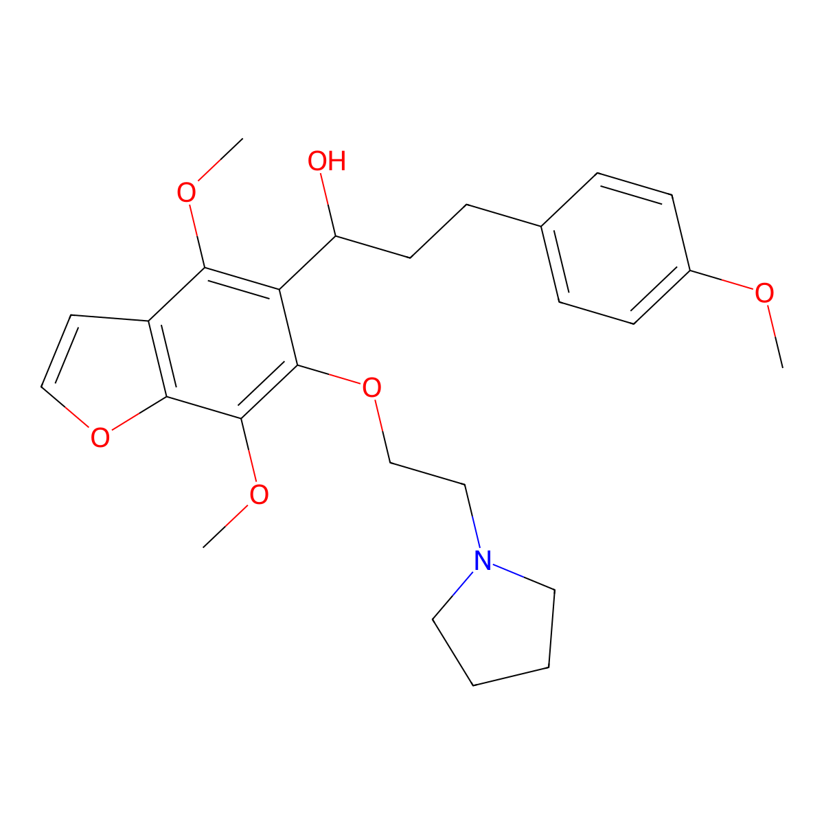 5-Benzofuranmethanol, 4,7-dimethoxy-alpha-(2-(4-methoxyphenyl)ethyl)-6-(2-(1-pyrrolidinyl)ethoxy)- molecular structure, CAS 40680-80-6