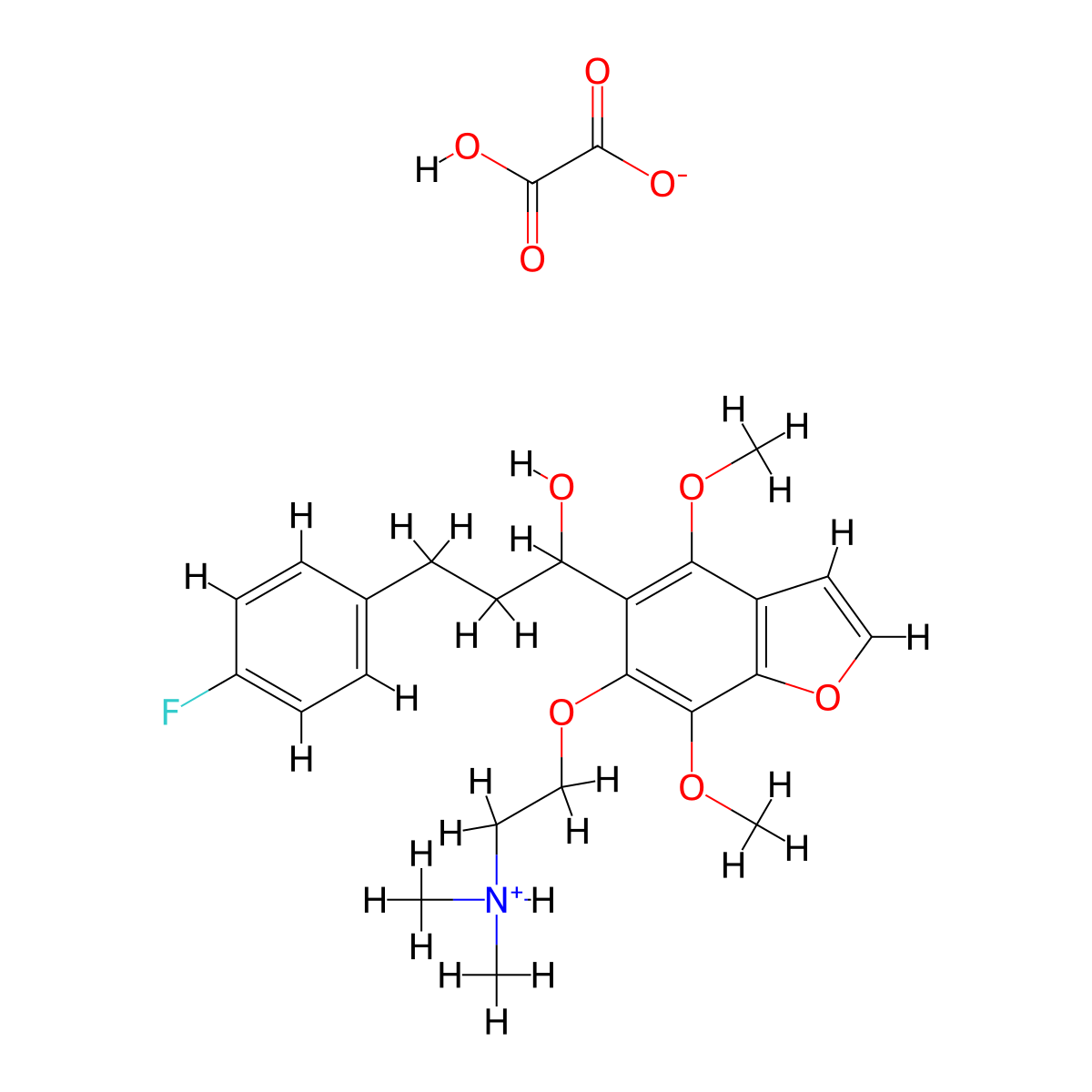 5-benzofuranmethanol, 4,7-dimethoxy-6-(2-(dimethylamino)ethoxy)-alpha-(2-(4-fluorophenyl)ethyl)-, oxalate (1:1) (salt) molecular structure, CAS 40680-84-0
